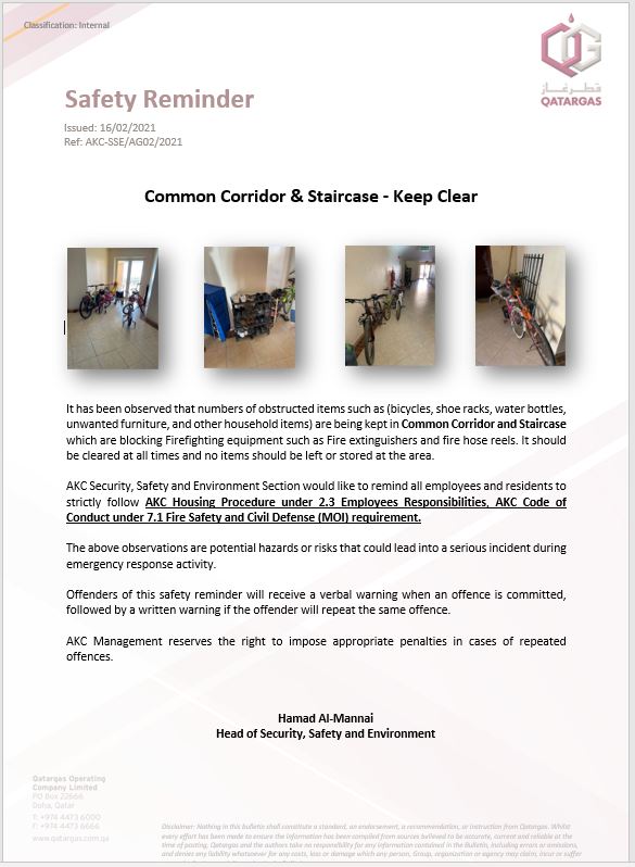 Safety Reminder - Common Corridor & Staircase- Keep Clear