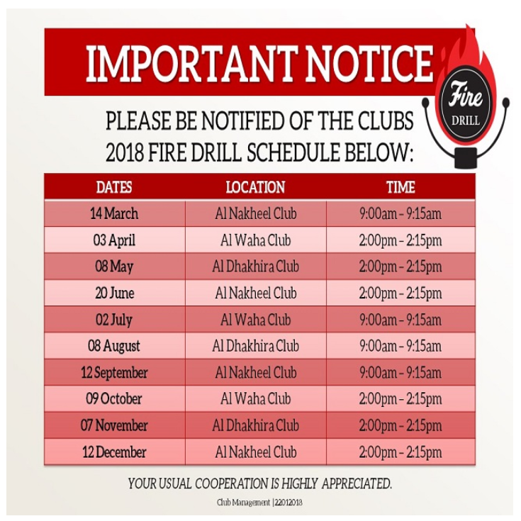 Important Notice: Clubs 2018 Fire Drill Schedule